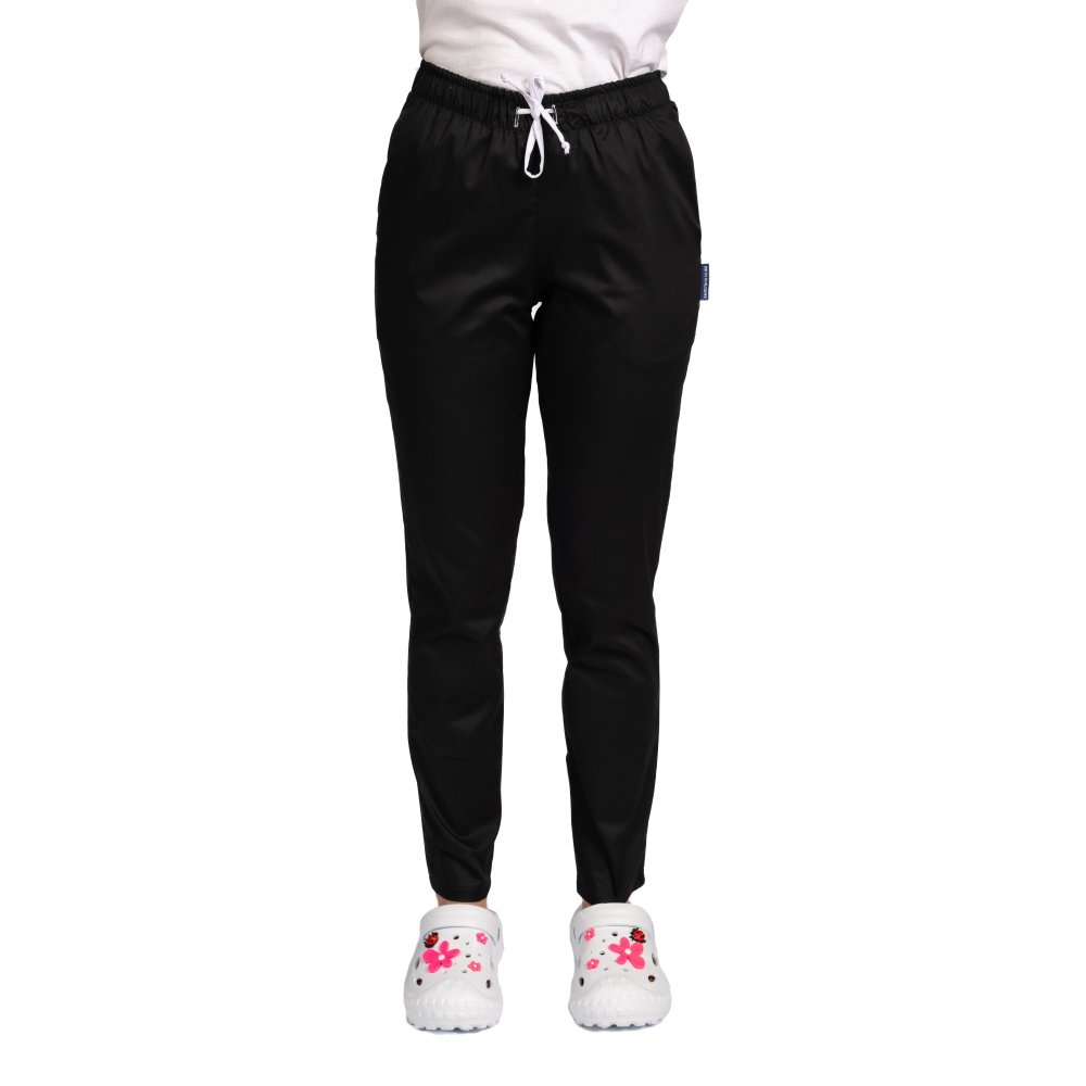 Pantaloni medicali cu elastan negri, model dama, cu snur si doua buzunare laterale