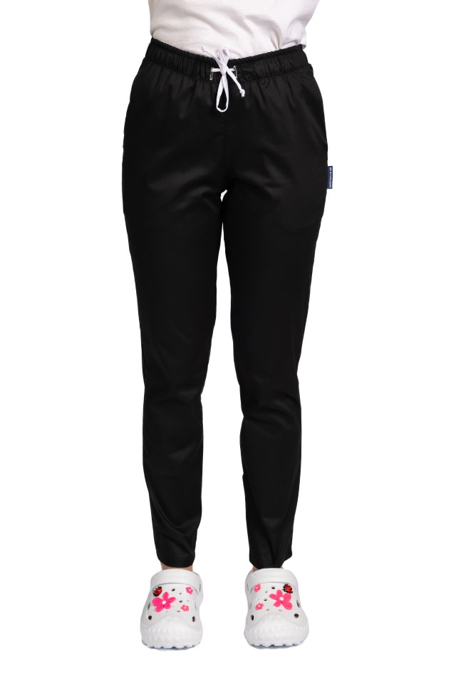 Pantaloni medicali cu elastan negri, model dama, cu snur si doua buzunare laterale