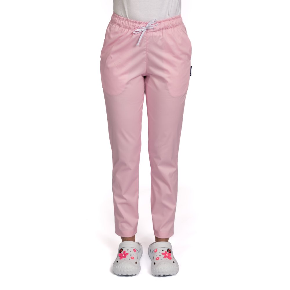 Pantaloni medicali roz pal, cu elastan snur in talie si doua buzunare laterale