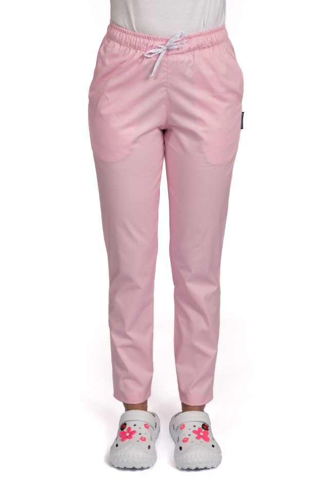 Pantaloni medicali roz pal, cu elastan snur in talie si doua buzunare laterale..