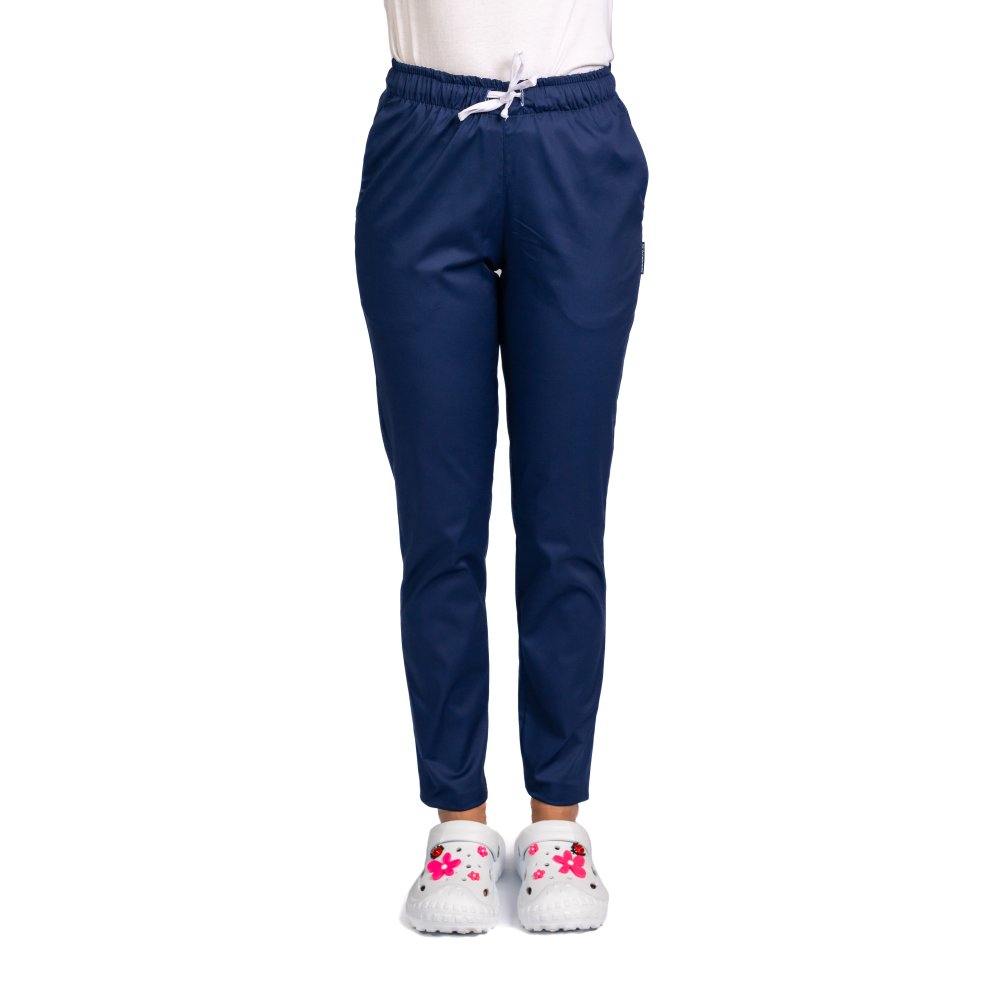 Pantaloni medicali cu elastan bleumarin cu elastic si doua buzunare laterale