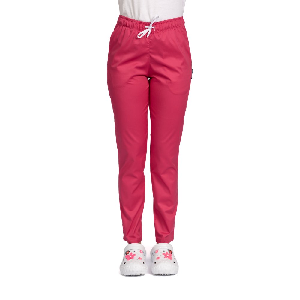 Pantaloni medicali cu elastan ciclam, model dama, cu snur si doua buzunare laterale