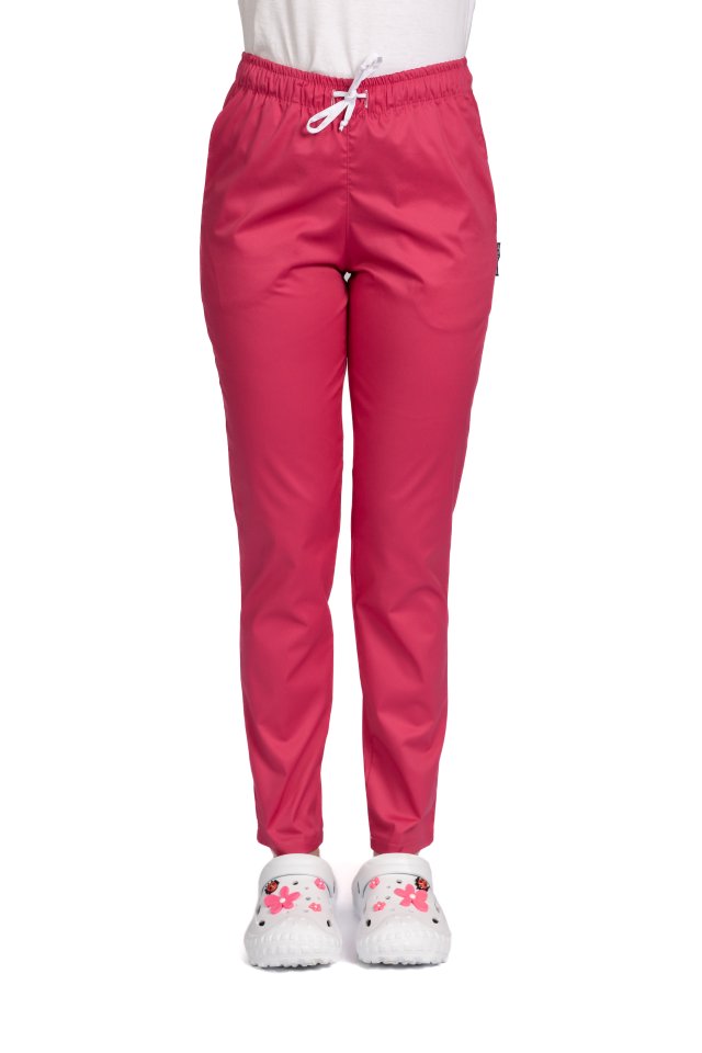 Pantaloni medicali cu elastan ciclam, model dama, cu snur si doua buzunare laterale