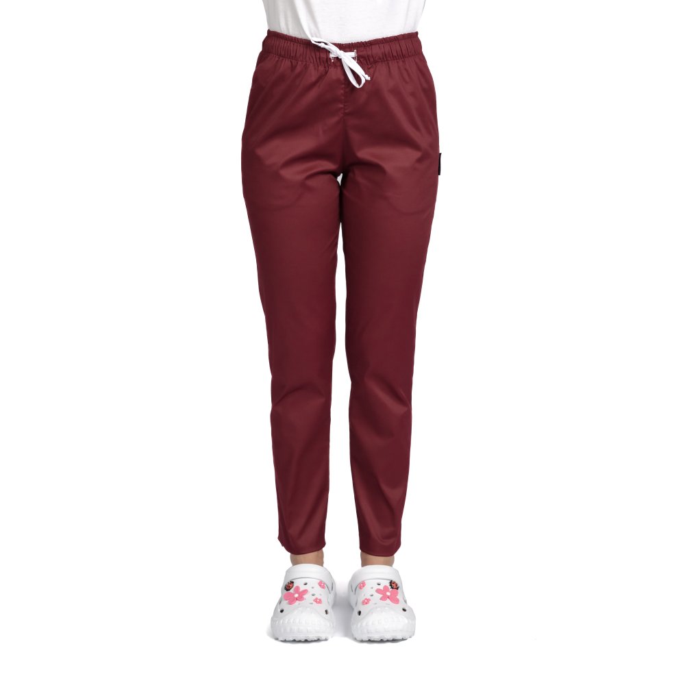 Pantaloni medicali elastici, dama, grena, cu snur si doua buzunare laterale