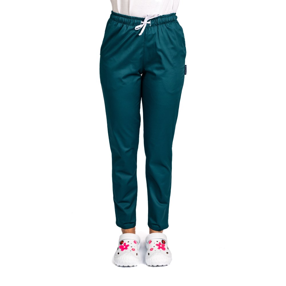 Pantaloni medicali elastici, dama, verde tuborg cu snur si doua buzunare laterale