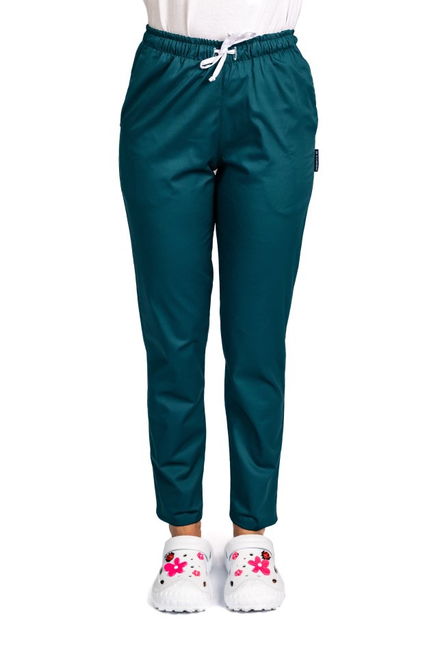 Pantaloni medicali elastici, dama, verde tuborg cu snur si doua buzunare laterale