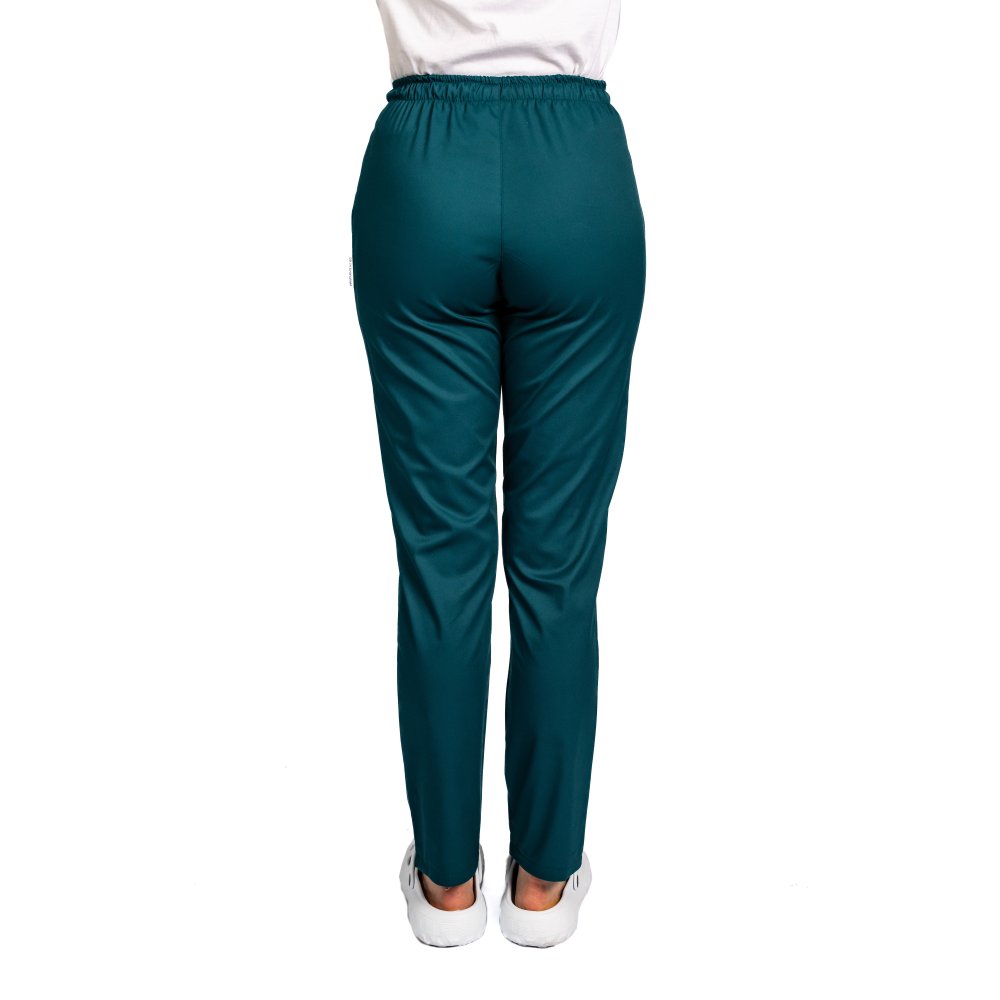 Pantaloni medicali elastici, dama, verde tuborg cu snur si doua buzunare laterale