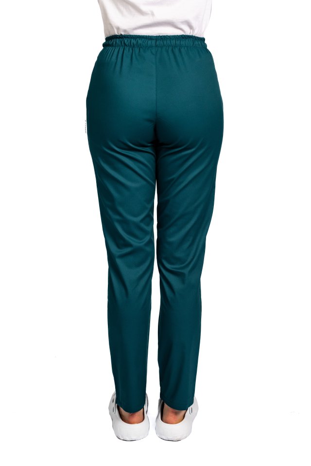 Pantaloni medicali elastici, dama, verde tuborg cu snur si doua buzunare laterale