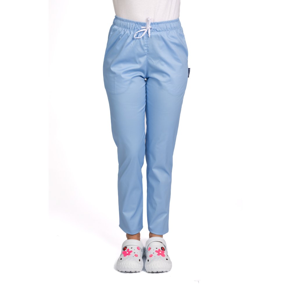 Pantaloni medicali elastici, dama, bleu cu snur si doua buzunare laterale