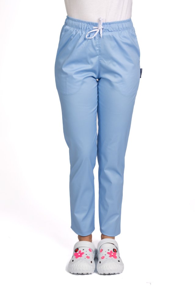 Pantaloni medicali elastici, dama, bleu cu snur si doua buzunare laterale