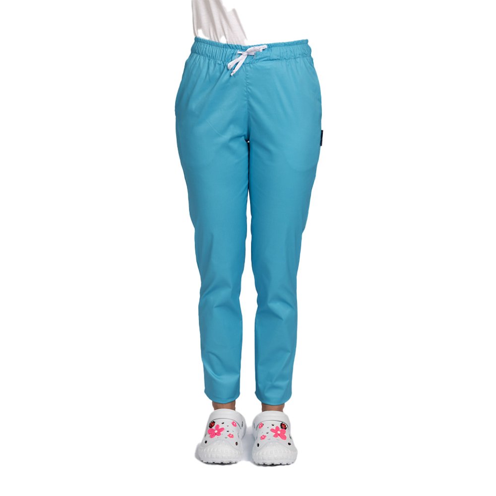 Pantaloni medicali elastici, dama, turcoaz cu snur si doua buzunare laterale