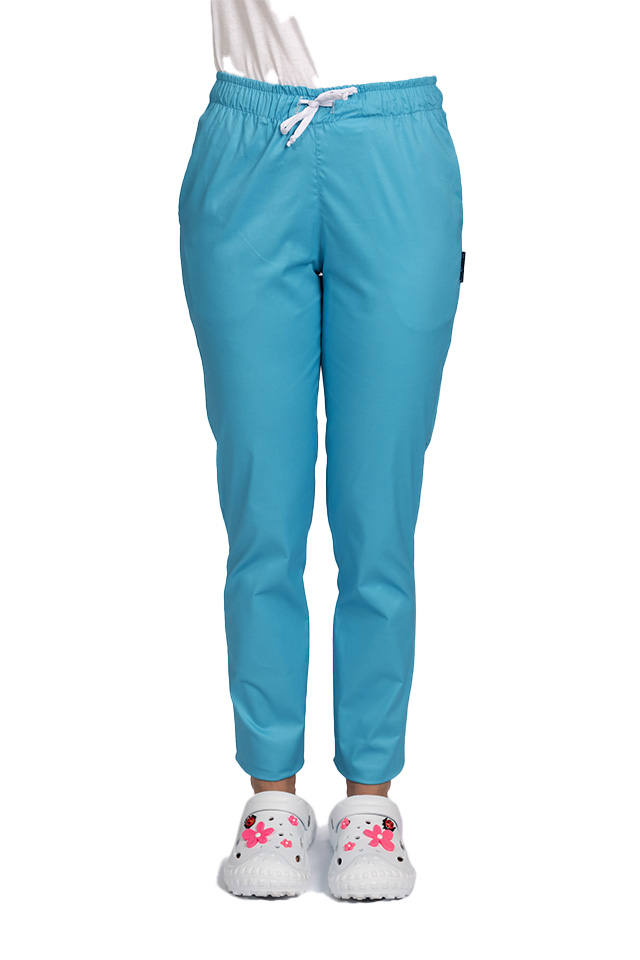 Pantaloni medicali elastici, dama, turcoaz cu snur si doua buzunare laterale..