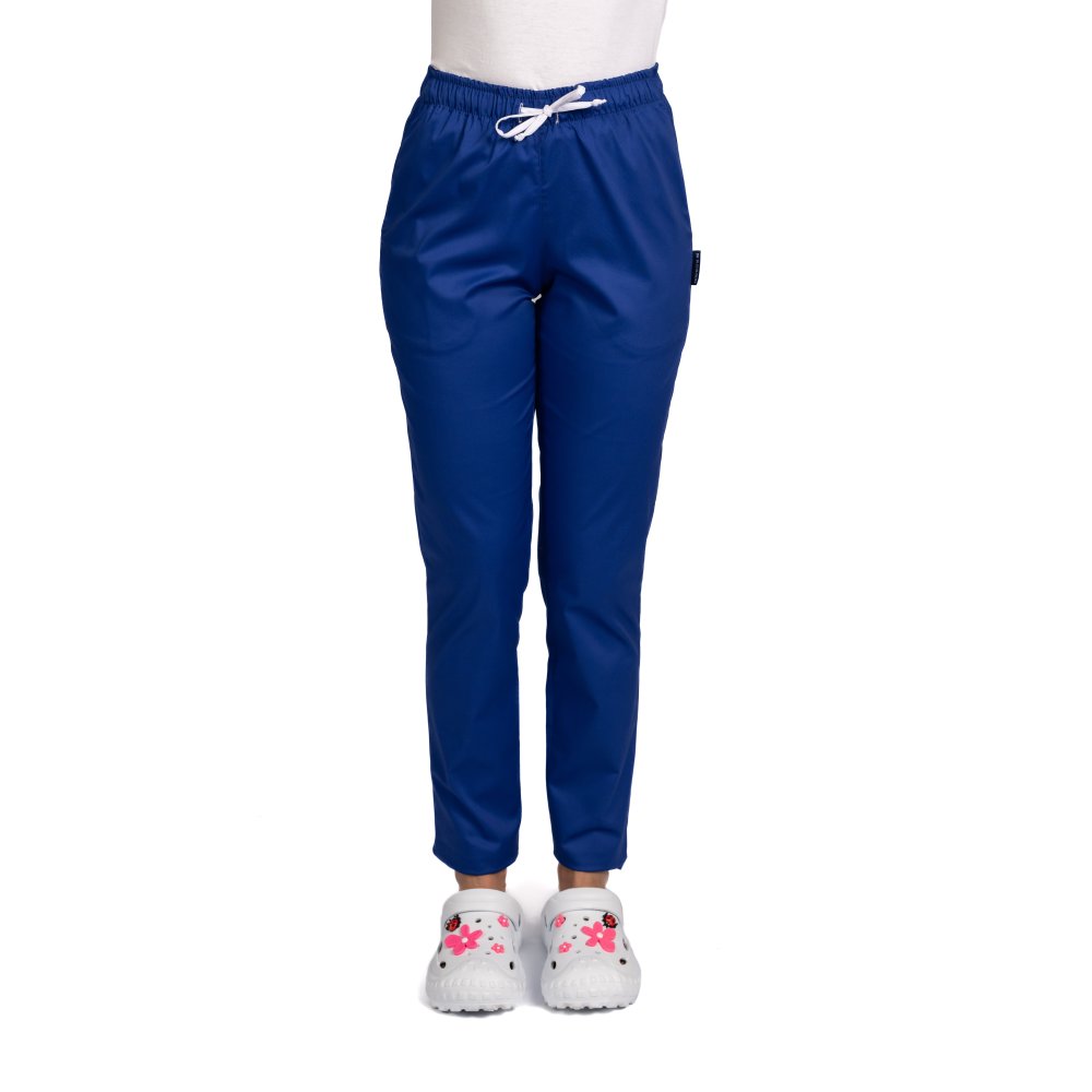 Pantaloni medicali elastici, dama, albastri, cu snur si doua buzunare laterale