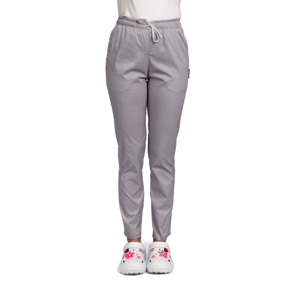 Pantaloni medicali cu elastan gri, model dama, cu snur si doua buzunare laterale