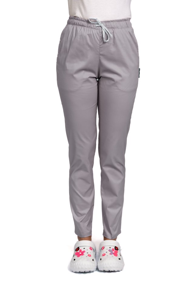 Pantaloni medicali cu elastan gri, model dama, cu snur si doua buzunare laterale