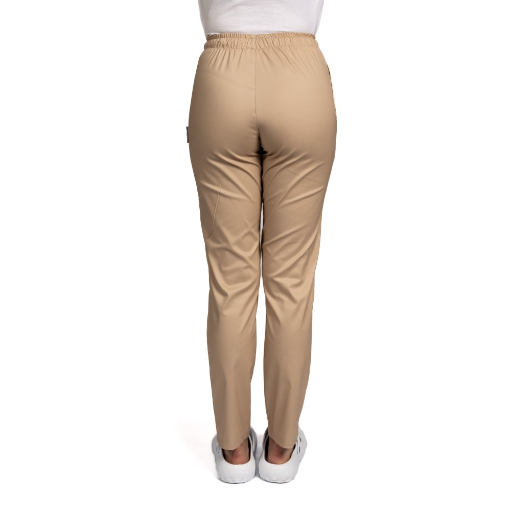 Pantaloni medicali crem cu elastan, model dama, cu snur si doua buzunare laterale