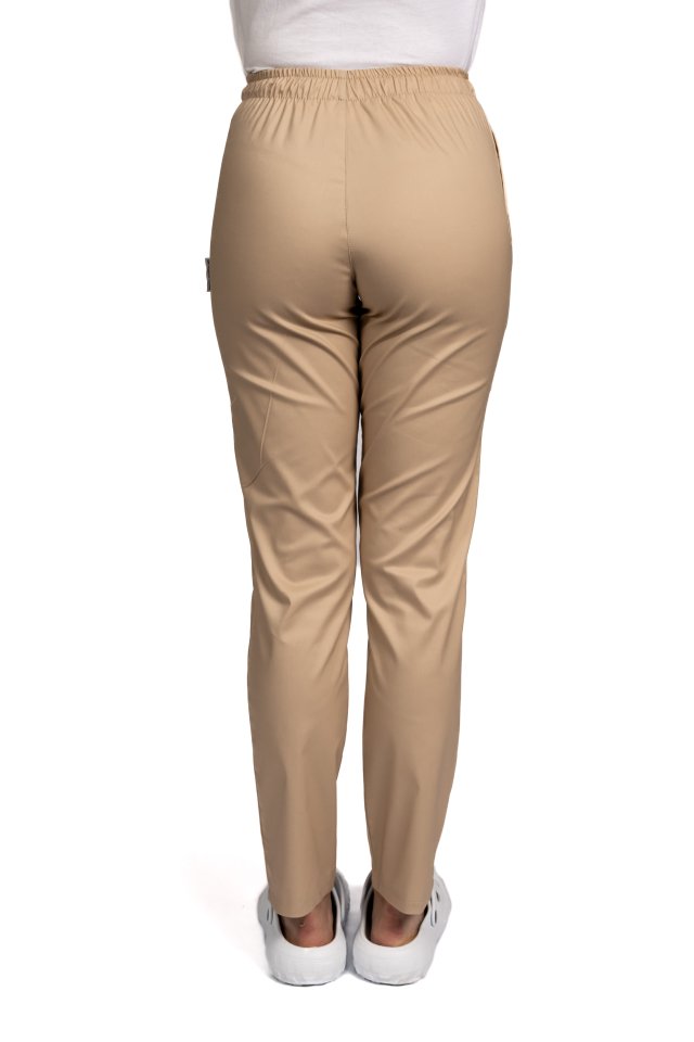 Pantaloni medicali crem cu elastan, model dama, cu snur si doua buzunare laterale