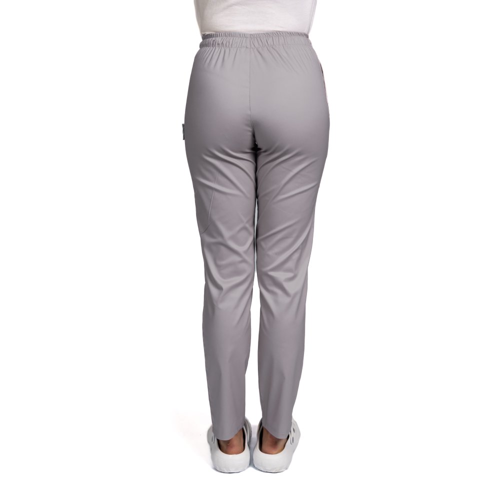 Pantaloni medicali cu elastan gri, model dama, cu snur si doua buzunare laterale