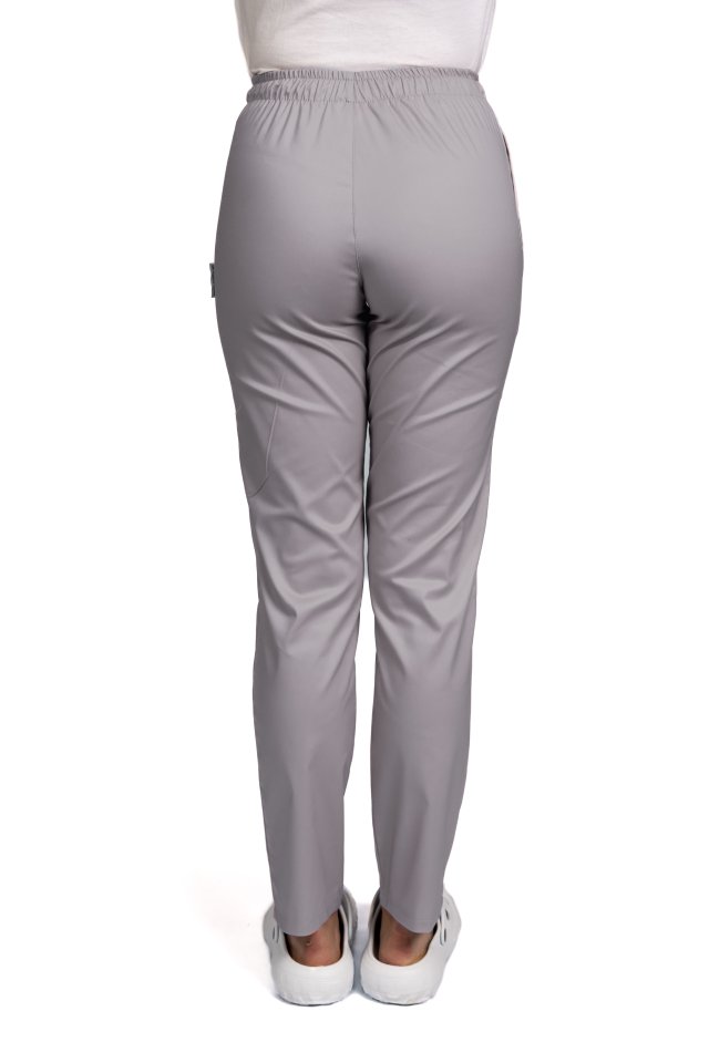 Pantaloni medicali cu elastan gri, model dama, cu snur si doua buzunare laterale