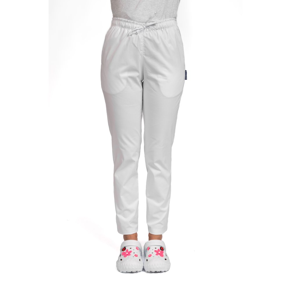 Pantaloni medicali elastici, dama, alb cu snur si doua buzunare laterale