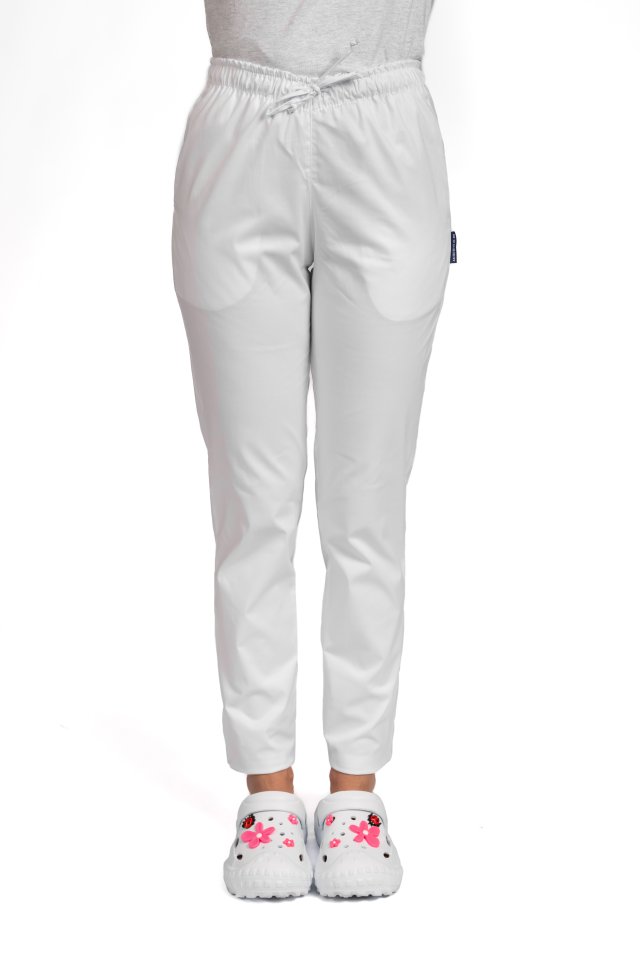 Pantaloni medicali elastici, dama, alb cu snur si doua buzunare laterale..