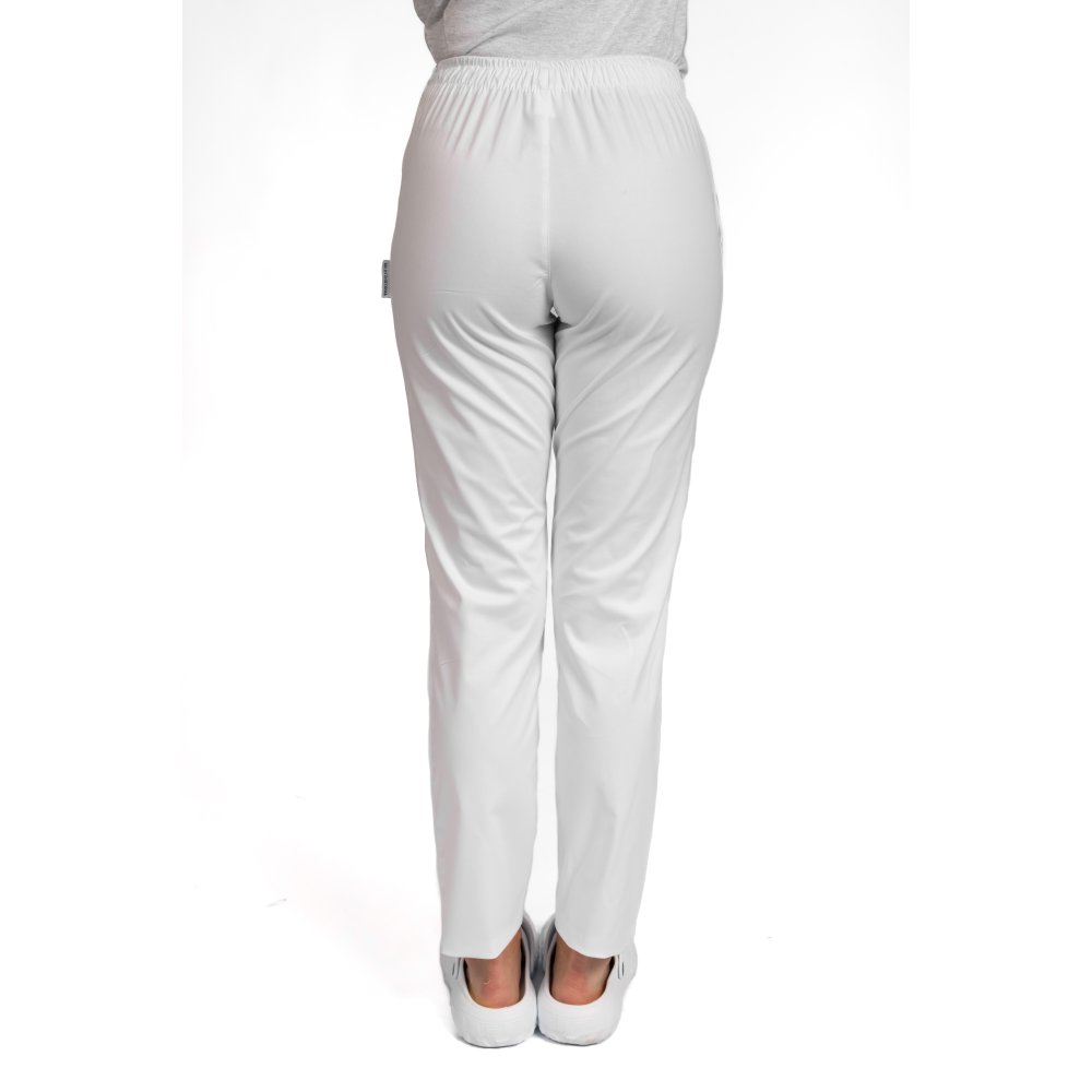 Pantaloni medicali elastici, dama, alb cu snur si doua buzunare laterale