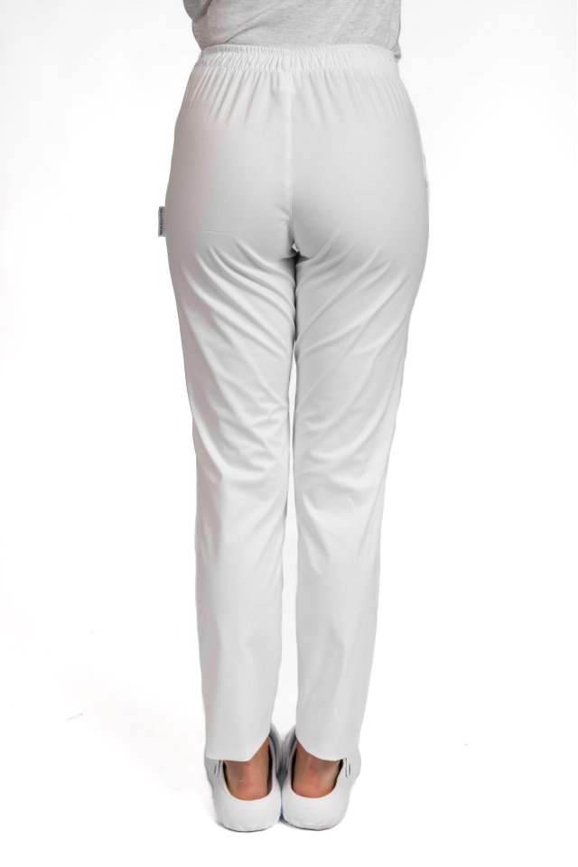 Pantaloni medicali elastici, dama, alb cu snur si doua buzunare laterale