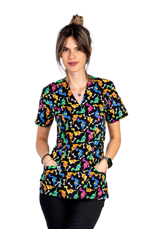 Costum medical kimono Dino, cu bluza cu imprimeu  si pantaloni cu elastic