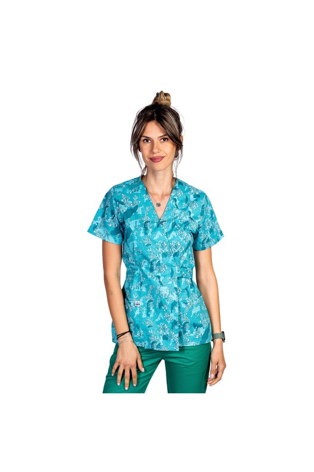 Costum medical kimono Green Army, bluza cu imprimeu si pantaloni cu elastic