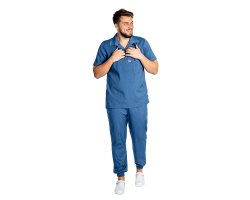 Costum medical stretch polo barbati jeans, cu bluza in V si pantaloni tip jogger, cu snur si elastic
