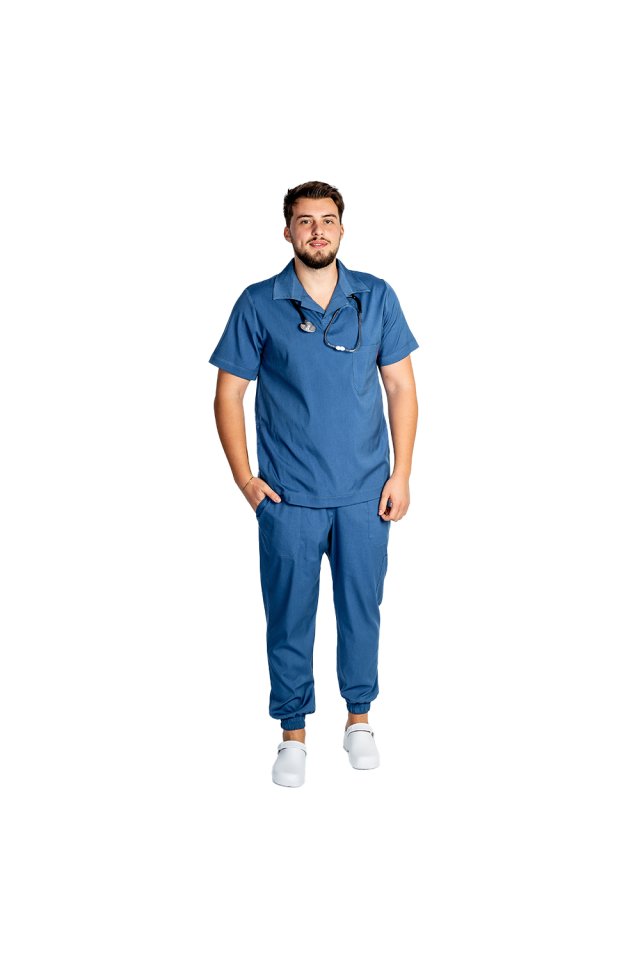 Costum medical stretch polo barbati jeans, cu bluza in V si pantaloni tip jogger, cu snur si elastic