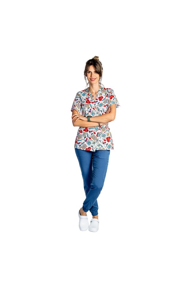 Costum medical kimono stretch Corazon,cu bluza imprimata si pantaloni stretch jogger jeans 