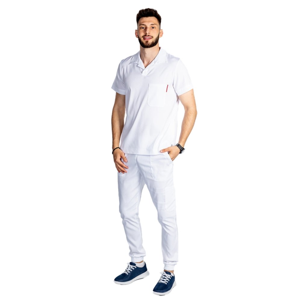 Costum medical stretch polo barbati alb, cu bluza in V si pantaloni tip jogger, cu snur si elastic