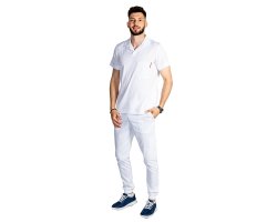 Costum medical stretch polo barbati alb, cu bluza in V si pantaloni tip jogger, cu snur si elastic
