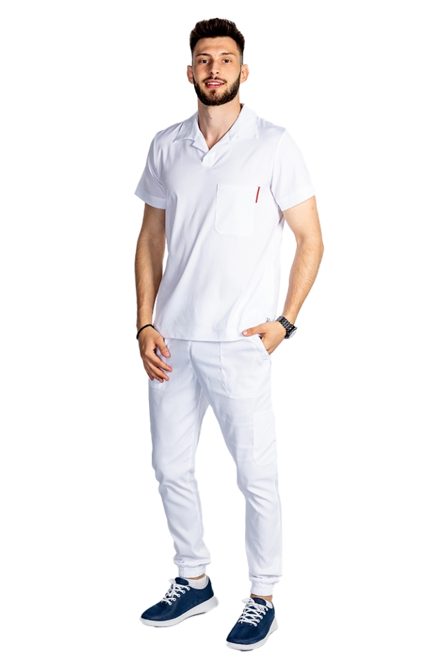 Costum medical stretch polo barbati alb, cu bluza in V si pantaloni tip jogger, cu snur si elastic..