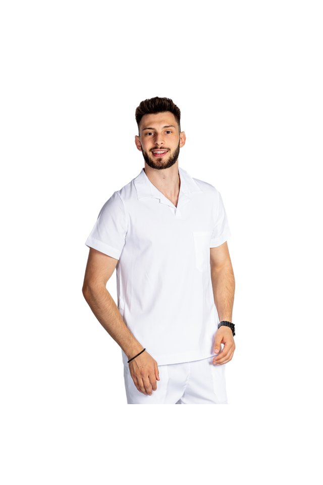 Costum medical stretch polo barbati alb, cu bluza in V si pantaloni tip jogger, cu snur si elastic