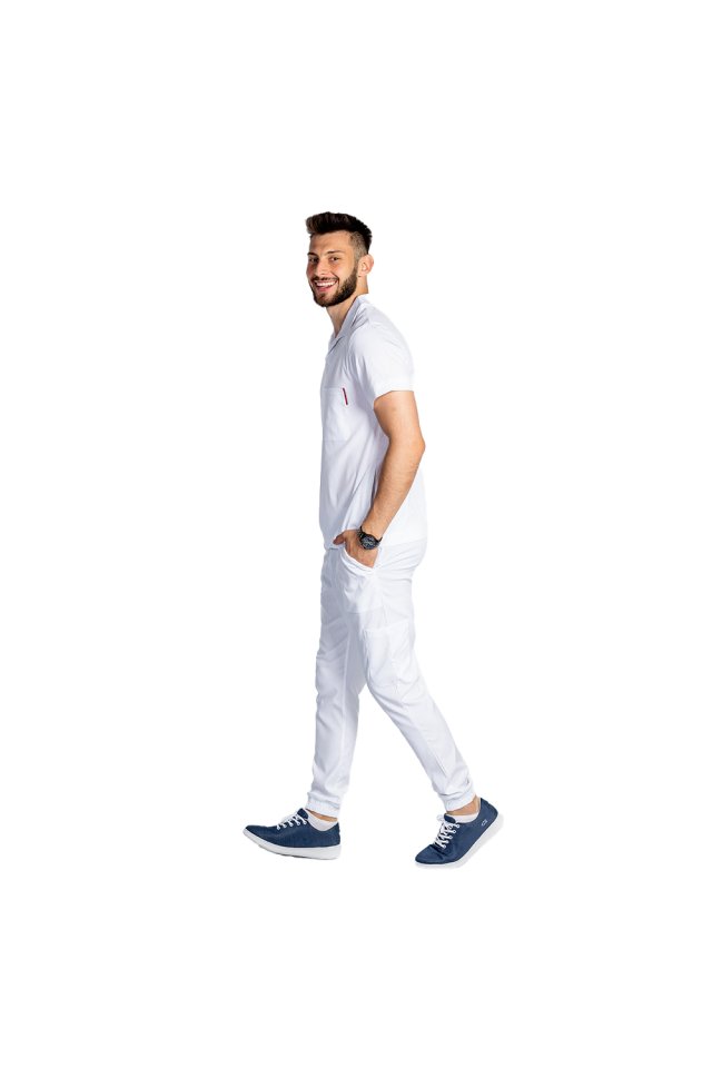 Costum medical stretch polo barbati alb, cu bluza in V si pantaloni tip jogger, cu snur si elastic