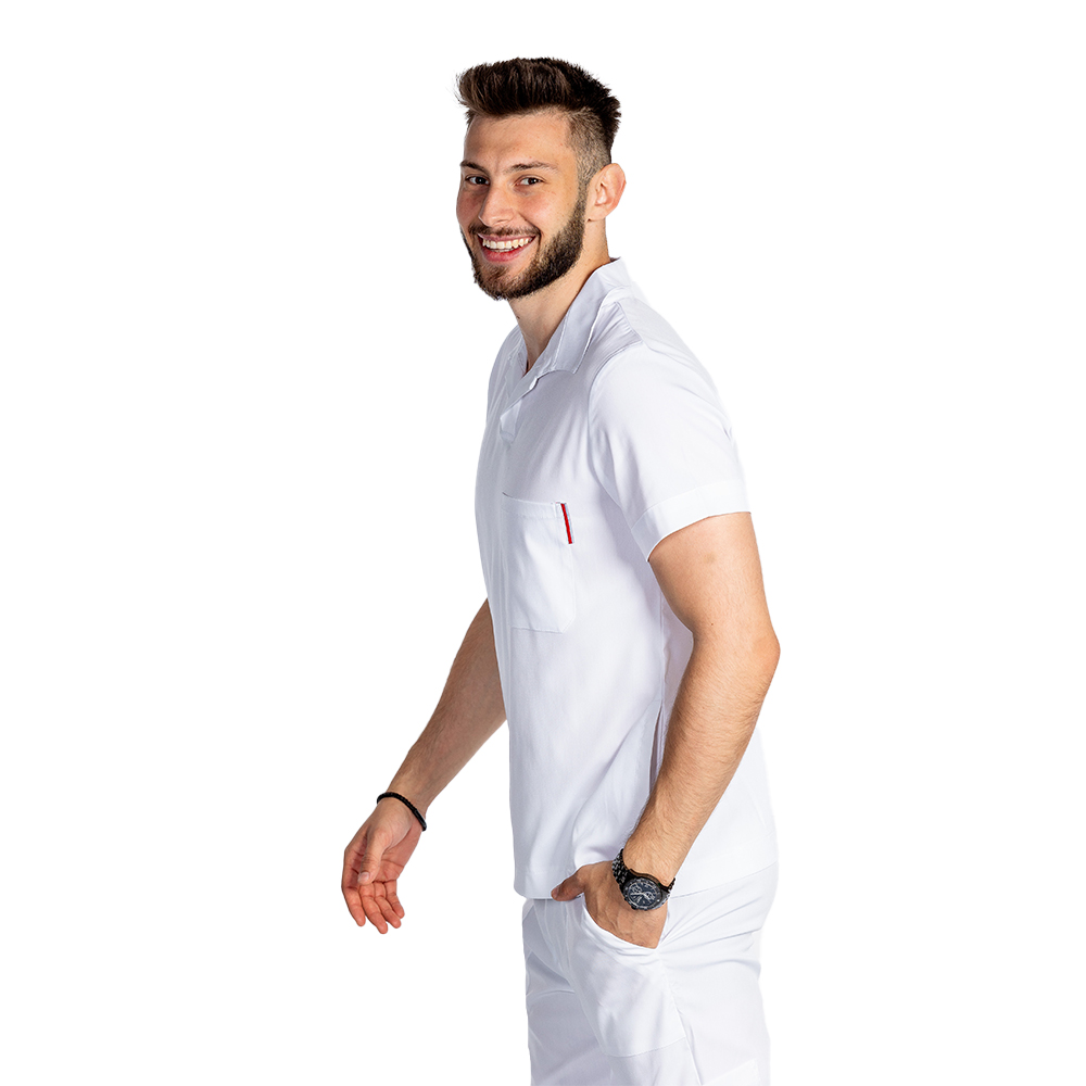 Costum medical stretch polo barbati alb, cu bluza in V si pantaloni tip jogger, cu snur si elastic