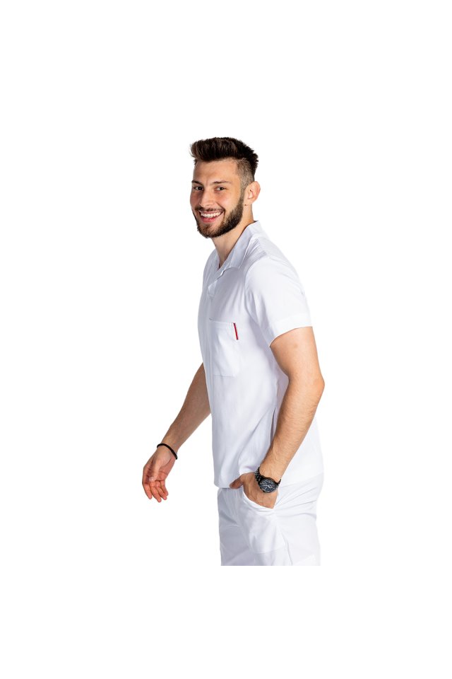 Costum medical stretch polo barbati alb, cu bluza in V si pantaloni tip jogger, cu snur si elastic