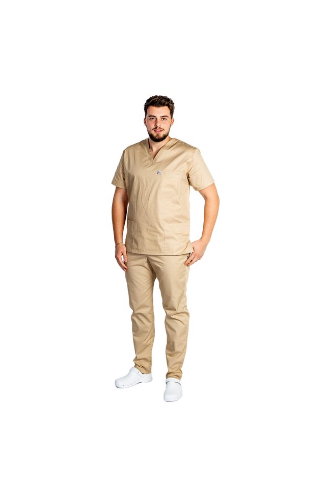 Halat medical crem unisex cu anchior in V si trei buzunare aplicate