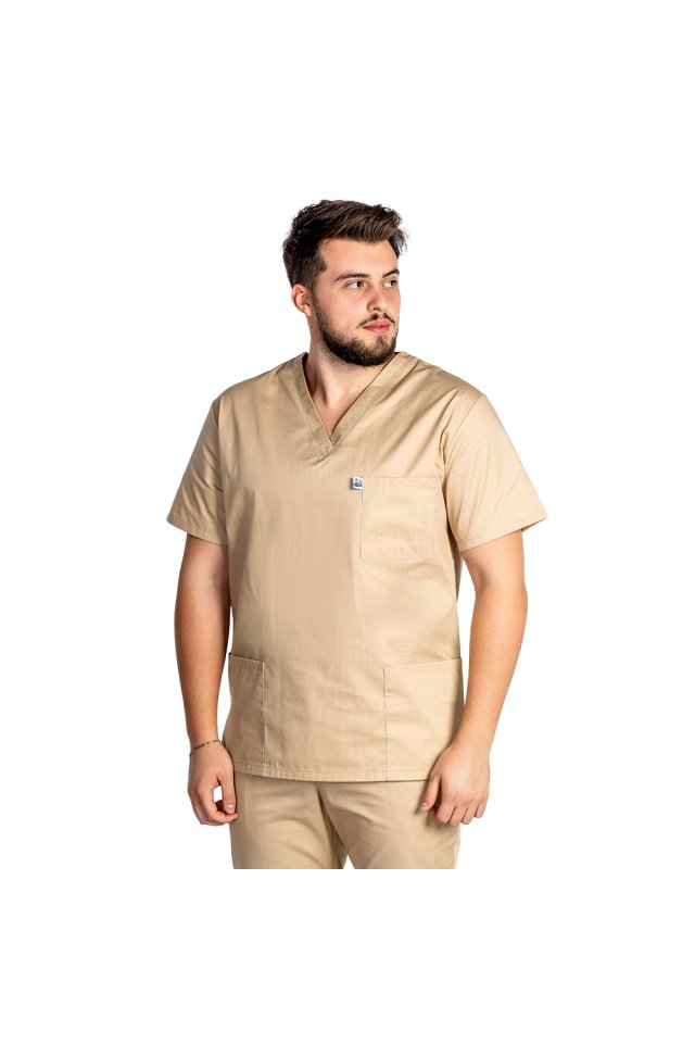 Halat medical crem unisex cu anchior in V si trei buzunare aplicate