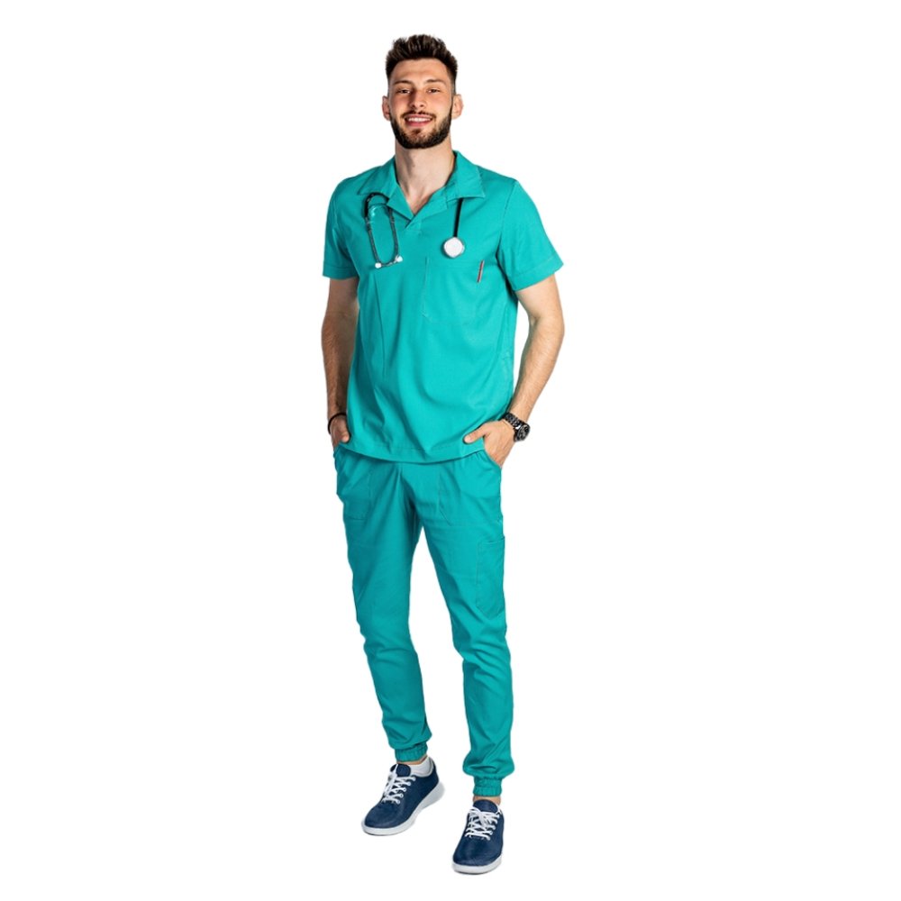 Costum medical stretch polo barbati verde turcoaz, cu bluza in V si pantaloni tip jogger, cu snur si elastic