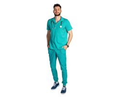 Costum medical stretch polo barbati verde turcoaz, cu bluza in V si pantaloni tip jogger, cu snur si elastic