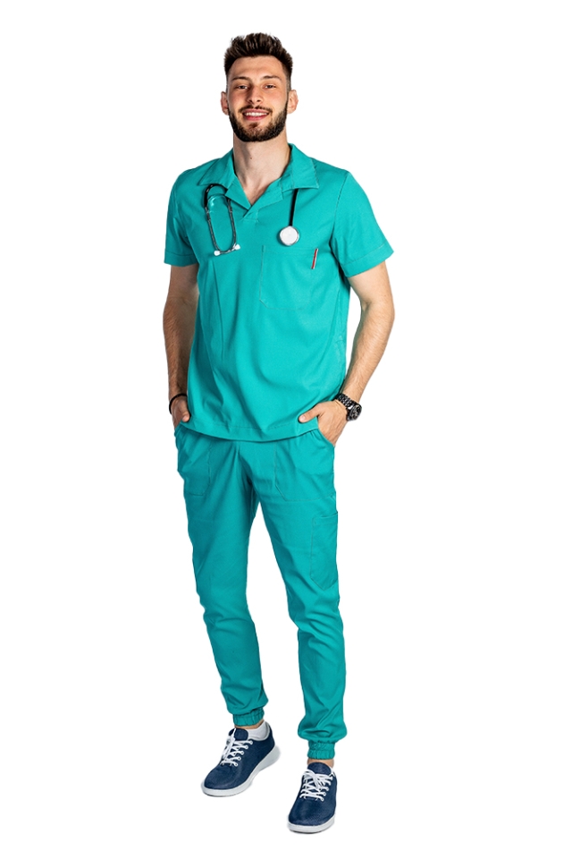 Costum medical stretch polo barbati verde turcoaz, cu bluza in V si pantaloni tip jogger, cu snur si elastic