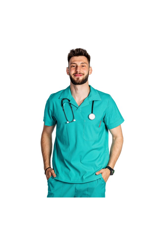 Costum medical stretch polo barbati verde turcoaz, cu bluza in V si pantaloni tip jogger, cu snur si elastic