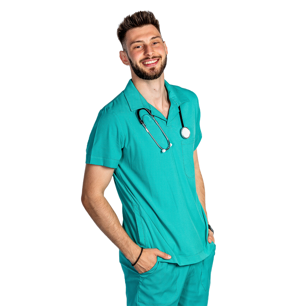 Costum medical stretch polo barbati verde turcoaz, cu bluza in V si pantaloni tip jogger, cu snur si elastic