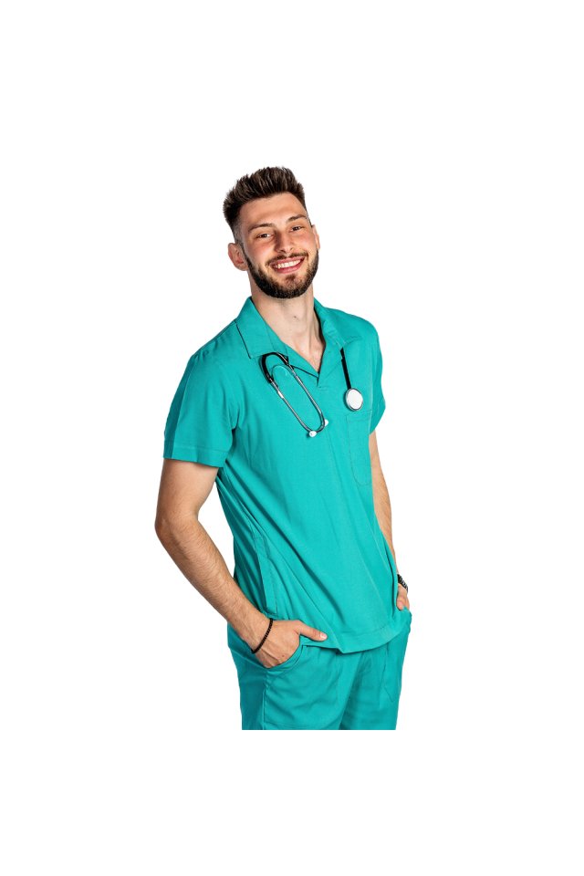 Costum medical stretch polo barbati verde turcoaz, cu bluza in V si pantaloni tip jogger, cu snur si elastic