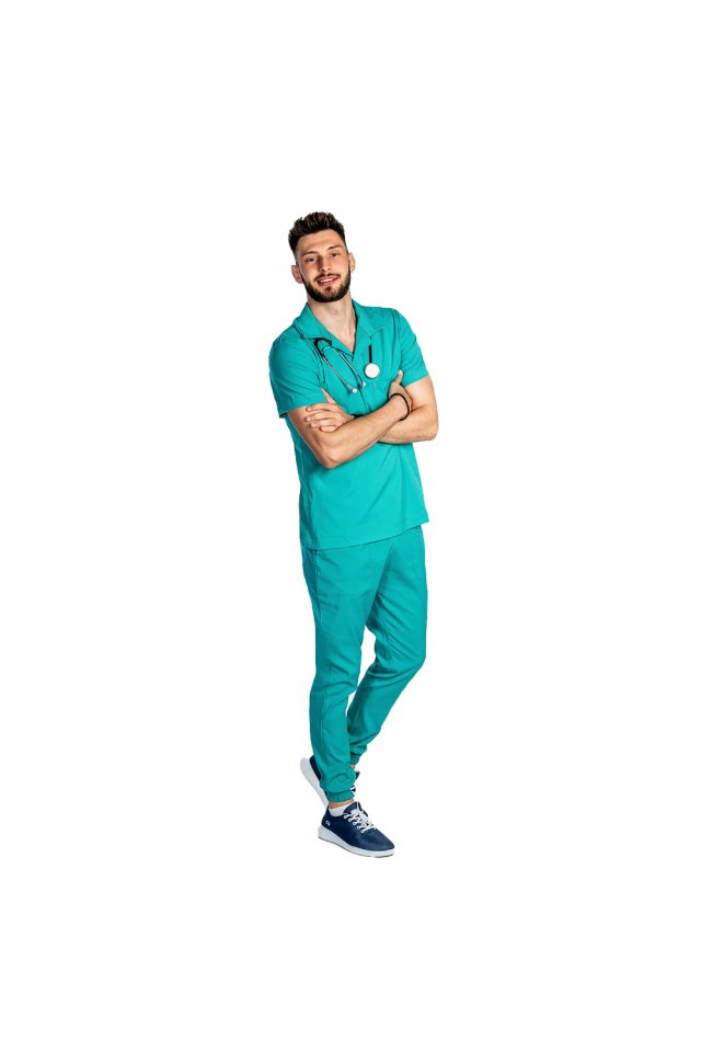 Costum medical stretch polo barbati verde turcoaz, cu bluza in V si pantaloni tip jogger, cu snur si elastic