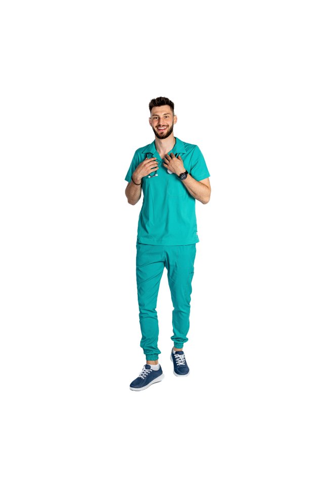 Costum medical stretch polo barbati verde turcoaz, cu bluza in V si pantaloni tip jogger, cu snur si elastic