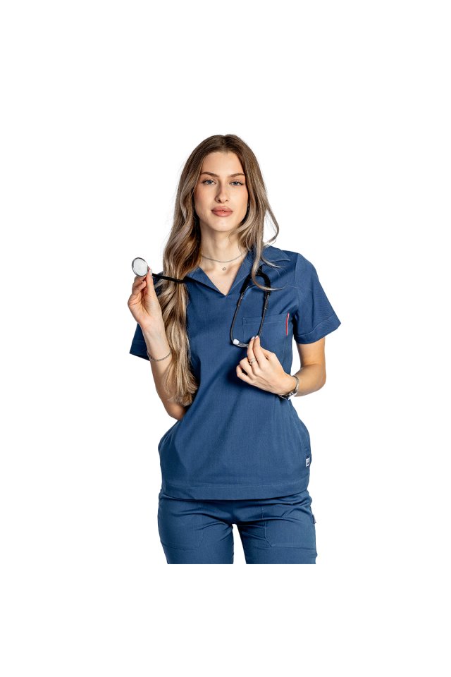 Costum medical stretch polo jeans, cu bluza in V si pantaloni tip jogger, cu snur si elastic